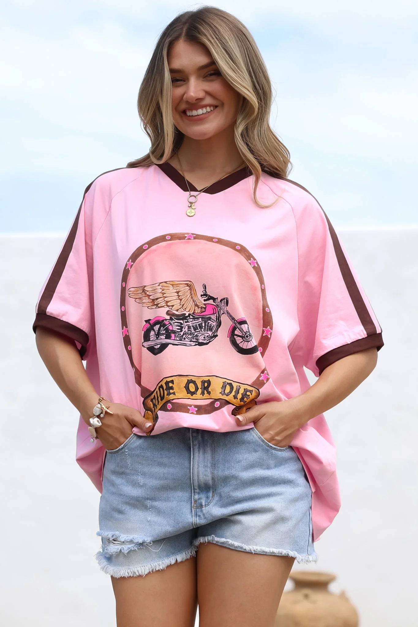Ride Or Die Tee - Graphic Print Short Sleeve T-Shirt with Racer Stripe Sleeves in Pink - Image 2