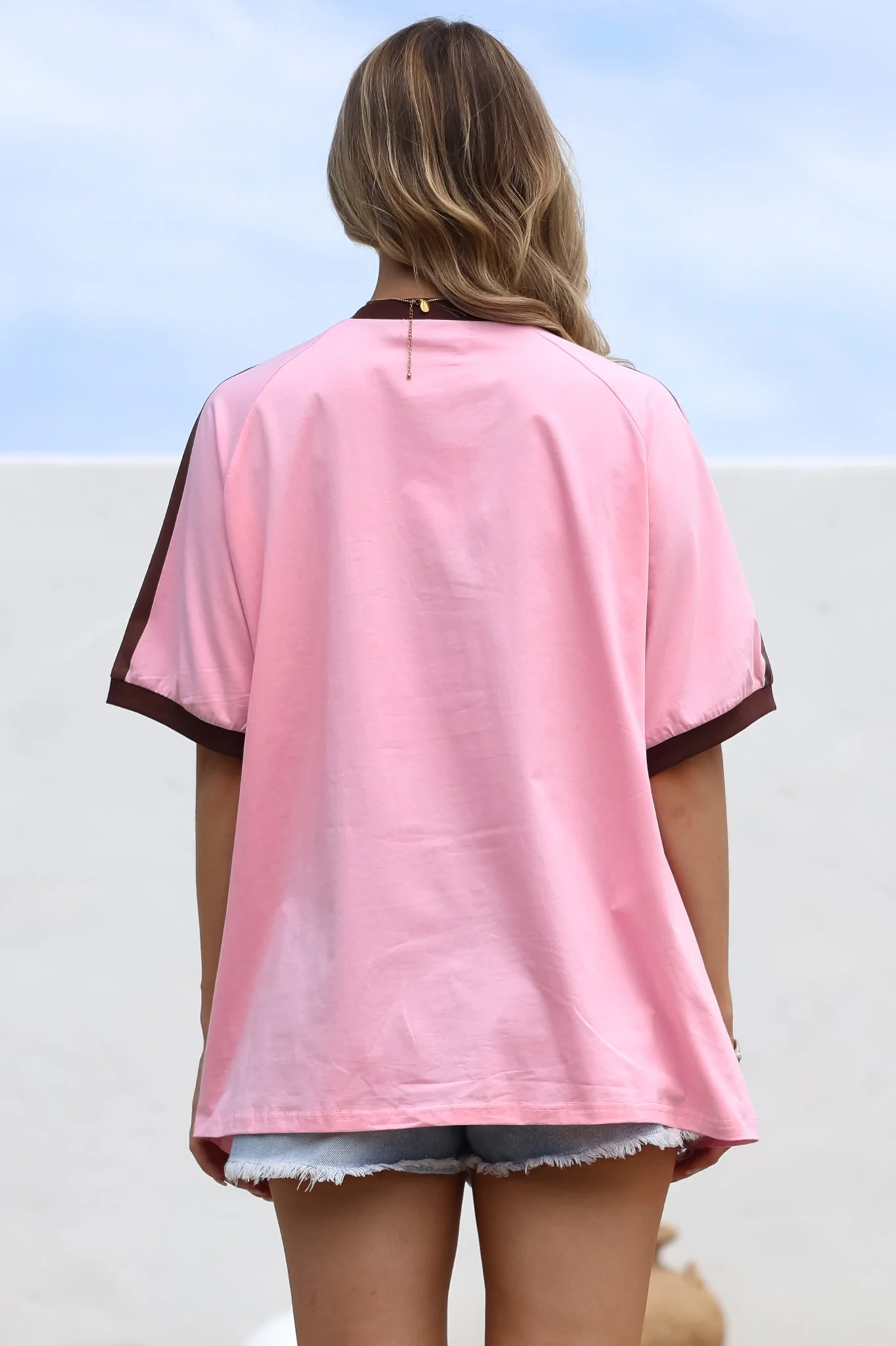 Ride Or Die Tee - Graphic Print Short Sleeve T-Shirt with Racer Stripe Sleeves in Pink - Image 7