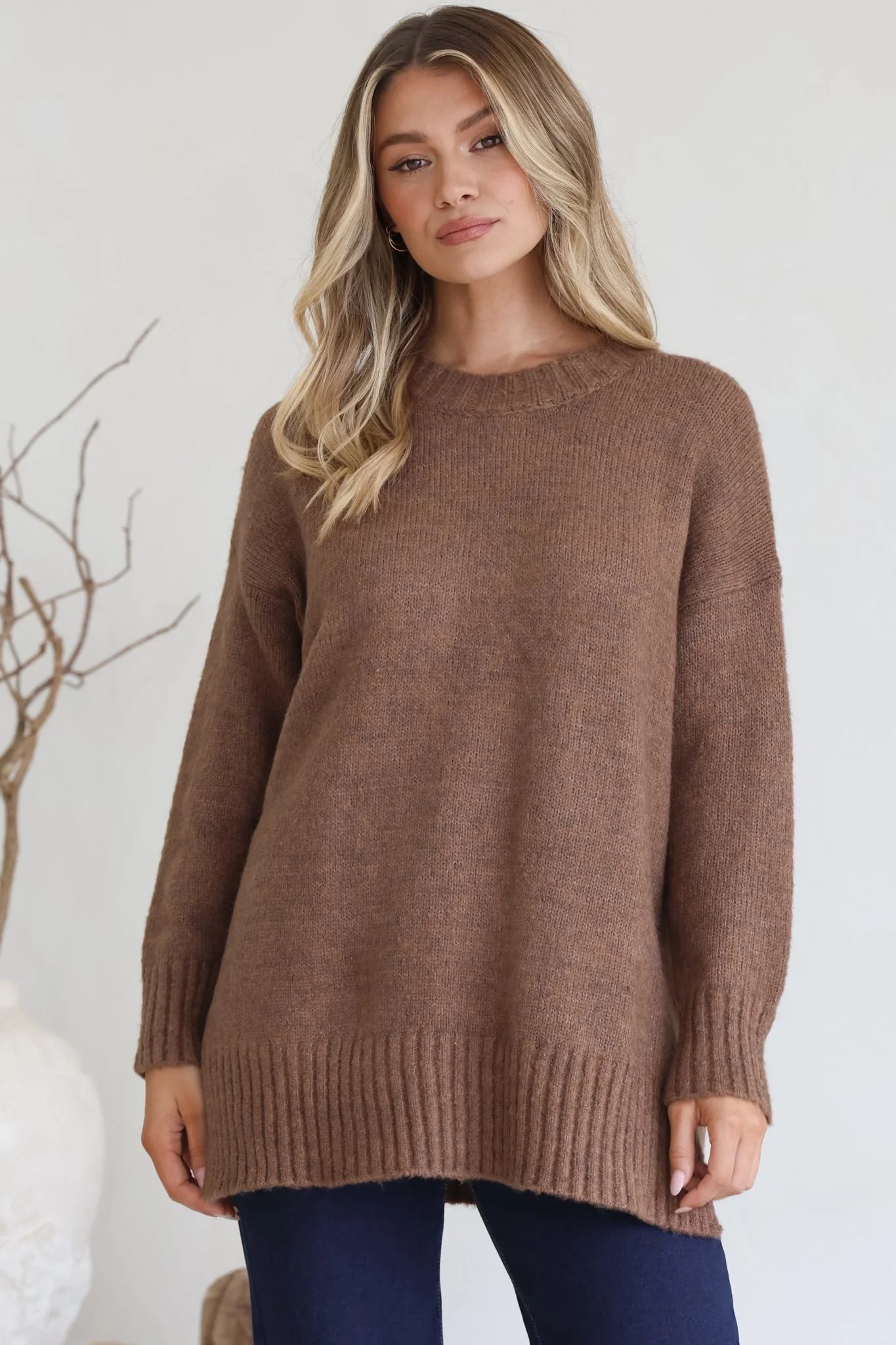 Sammy Jumper - Crew Neck Ribbed Shark Bite Hemline Jumper in Brown - Image 7
