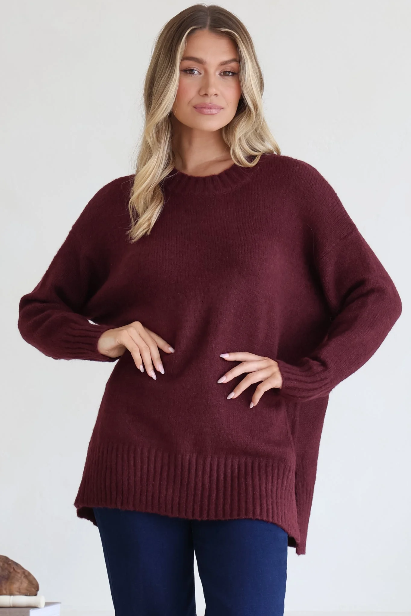 Sammy Jumper - Crew Neck Ribbed Shark Bite Hemline Jumper in Wine - Image 3