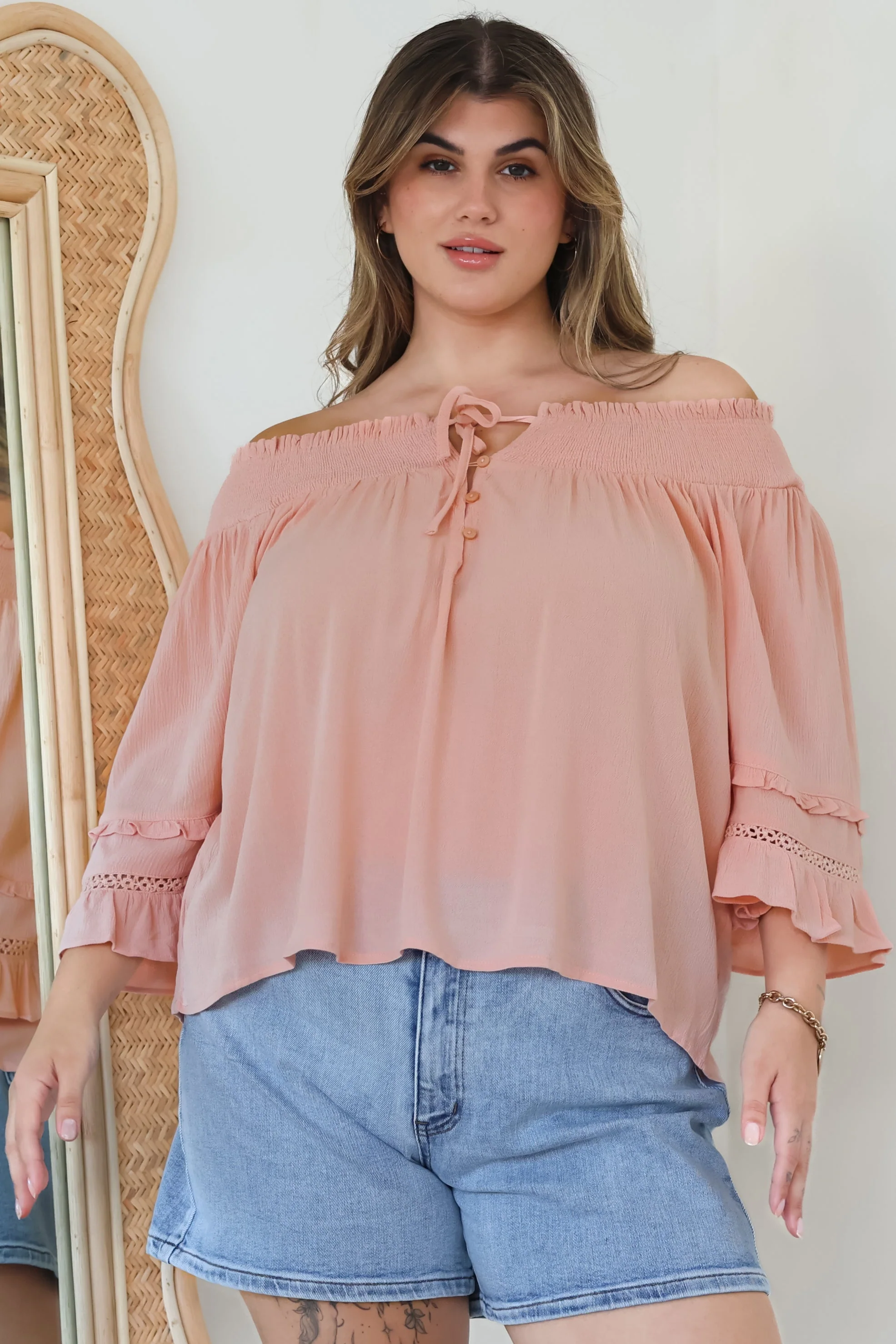 Sarah Top - Off Shoulder Ruffled Sleeve Top in Blush - Image 8