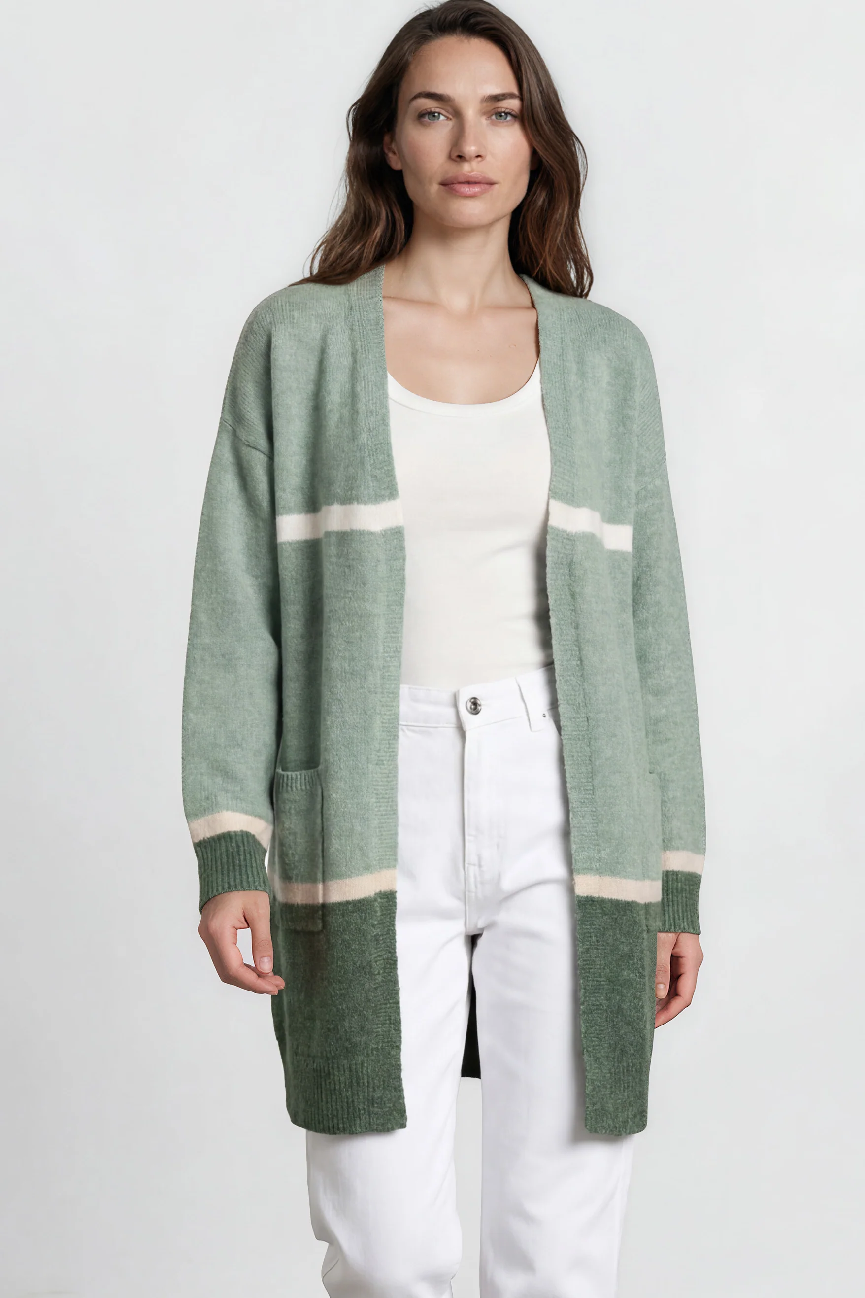 Saylor Cardigan - Open Front Stripe Colour Block Knit with Ribbed Hemlines in Green - Image 2