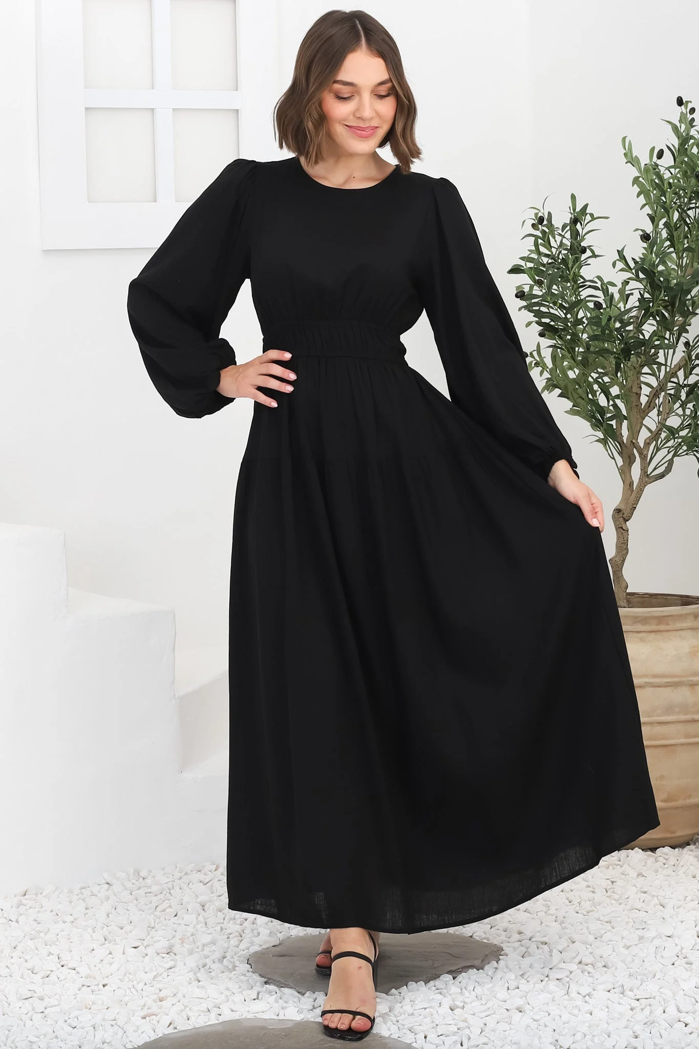 Sheyne Maxi Dress - Long Balloon Sleeve Elasicated Waist A Line Dress in Black - Image 23