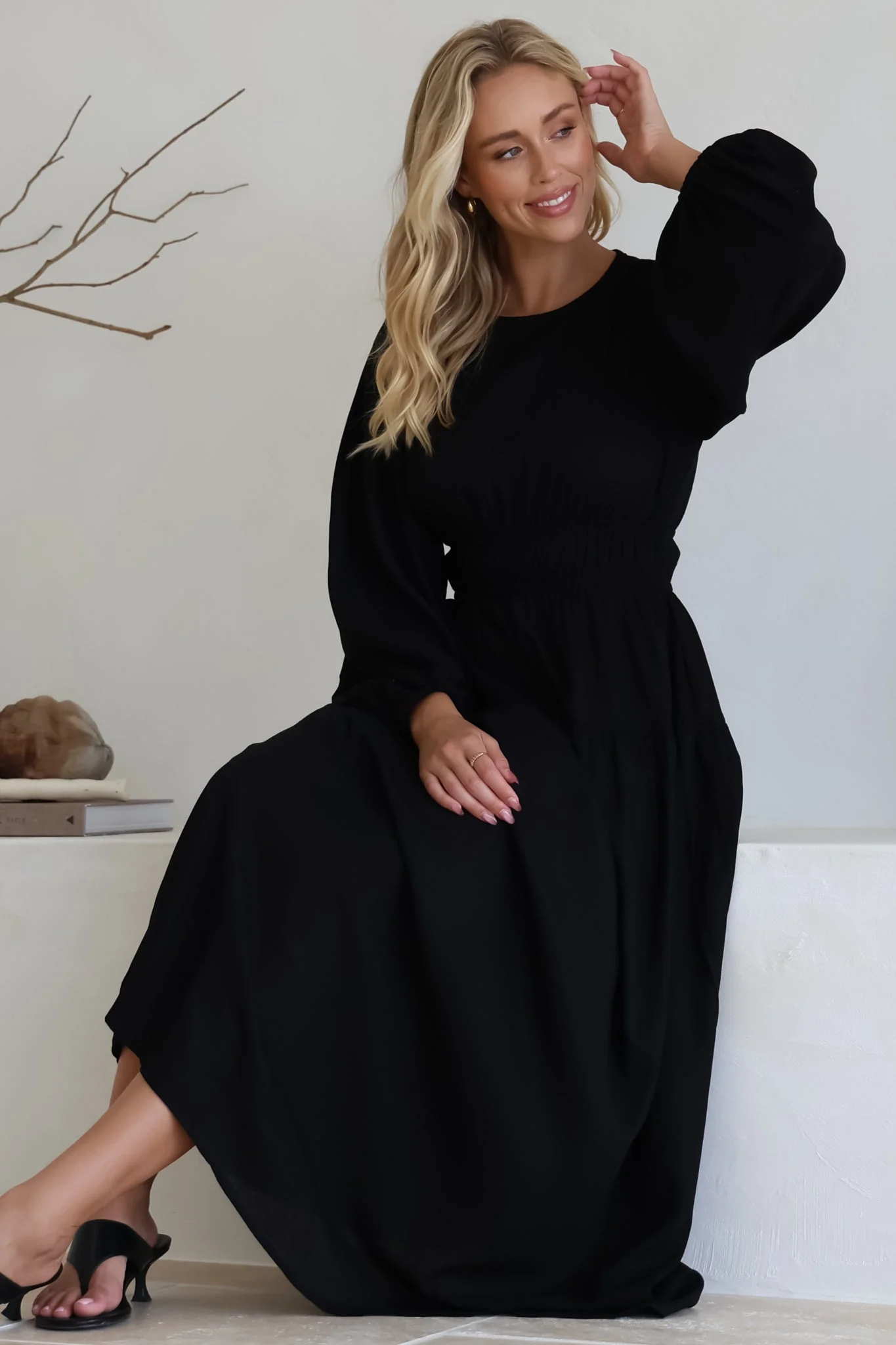 Sheyne Maxi Dress - Long Balloon Sleeve Elasicated Waist A Line Dress in Black - Image 4