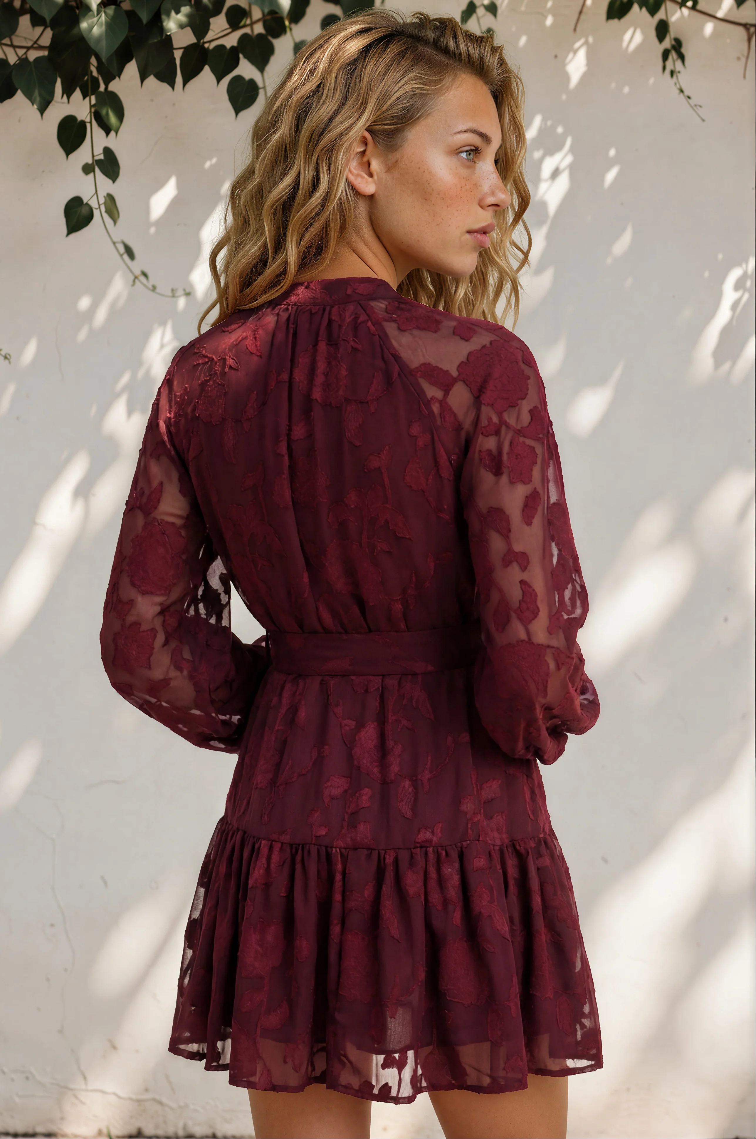 Solange Mini Dress - Floral Motif Overlay Front Button Placket Tiered Dress with Belt in Wine - Image 7