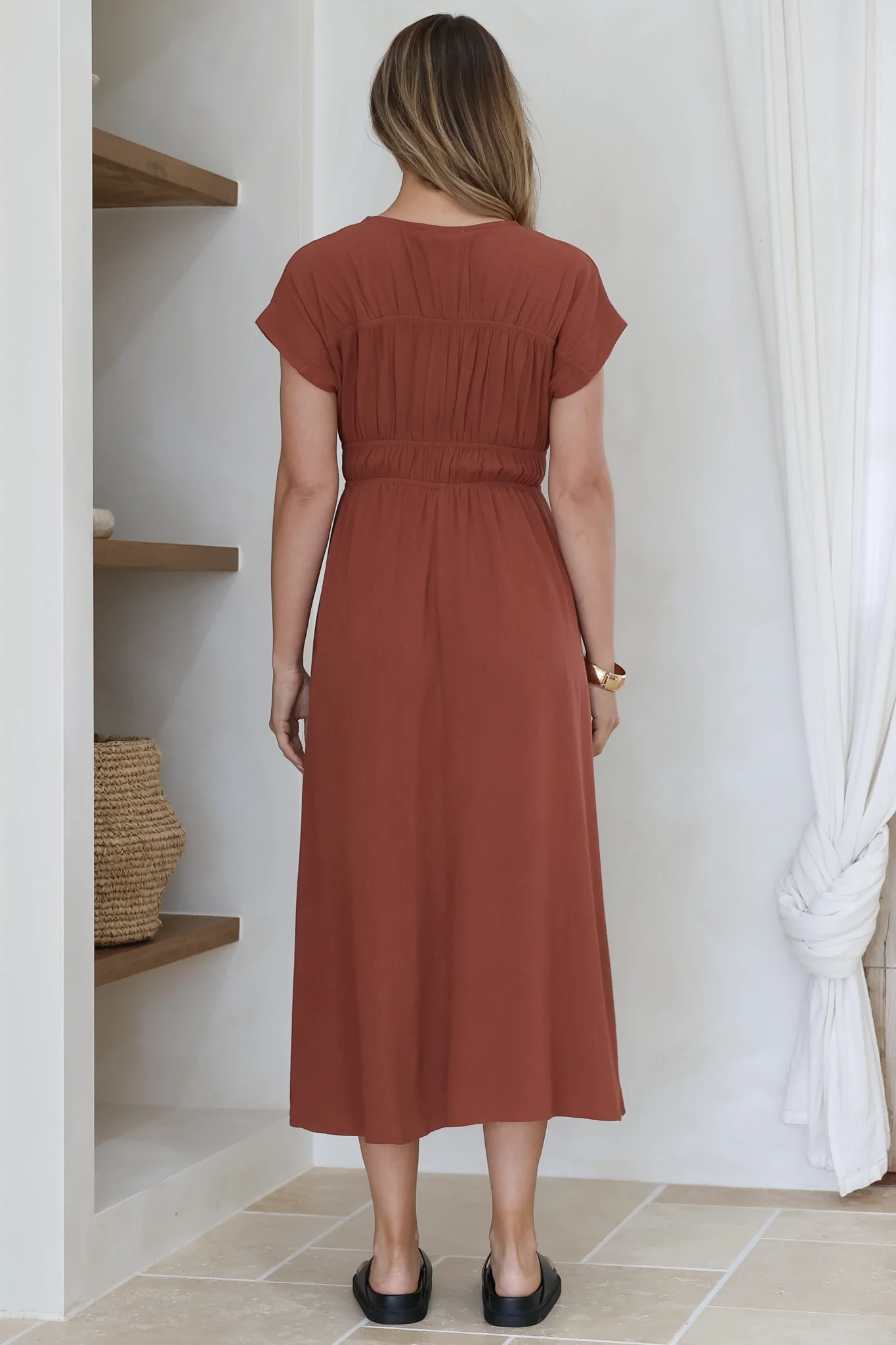 Torin Midi Dress - Gathered and Piping Detailed A-Line Dress with a V-Neckline in Rust - Image 11