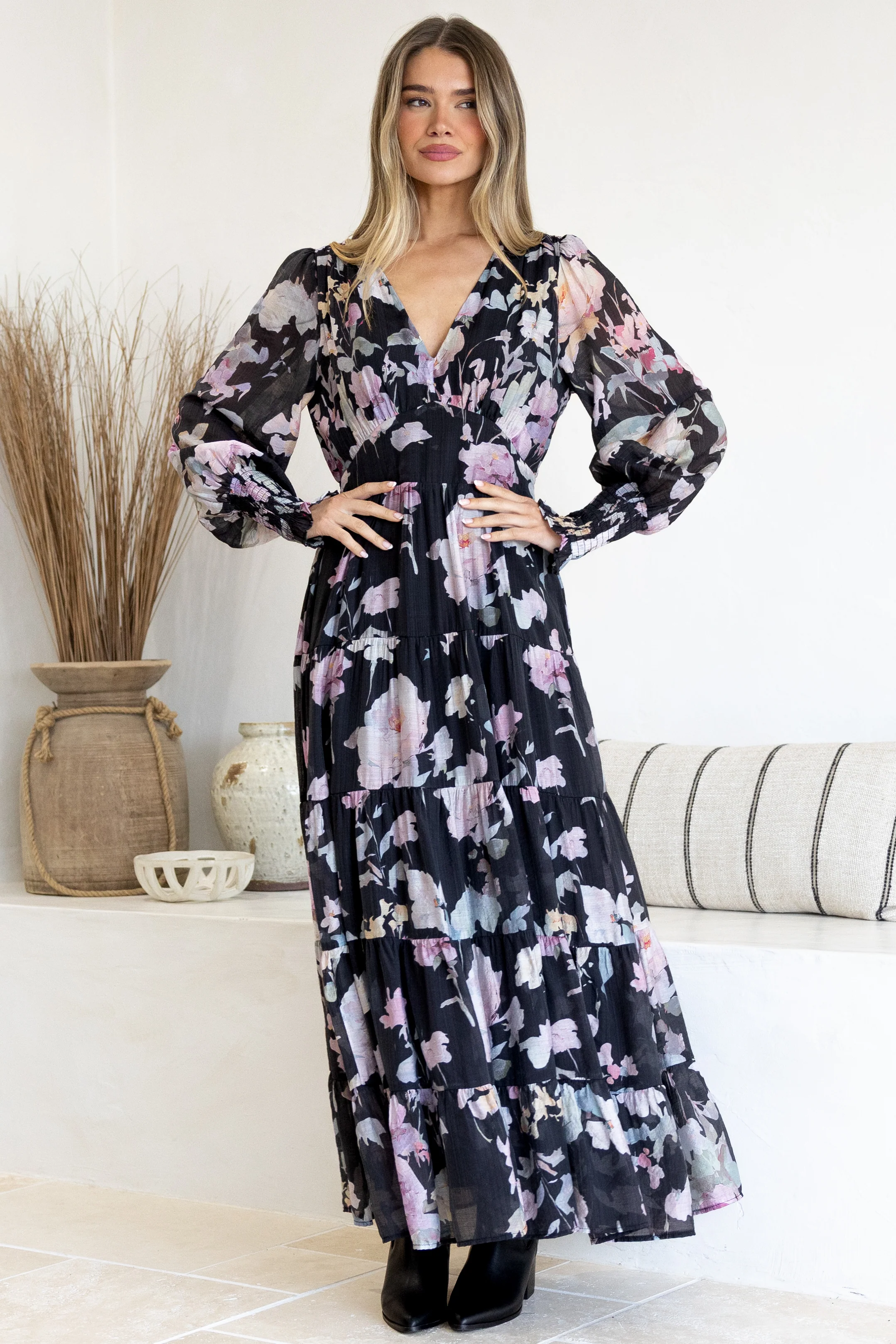Trina Maxi Dress - Deep V Neck Tiered A-Line Dress with Balloon Sleeves in Bronson Print - Image 3