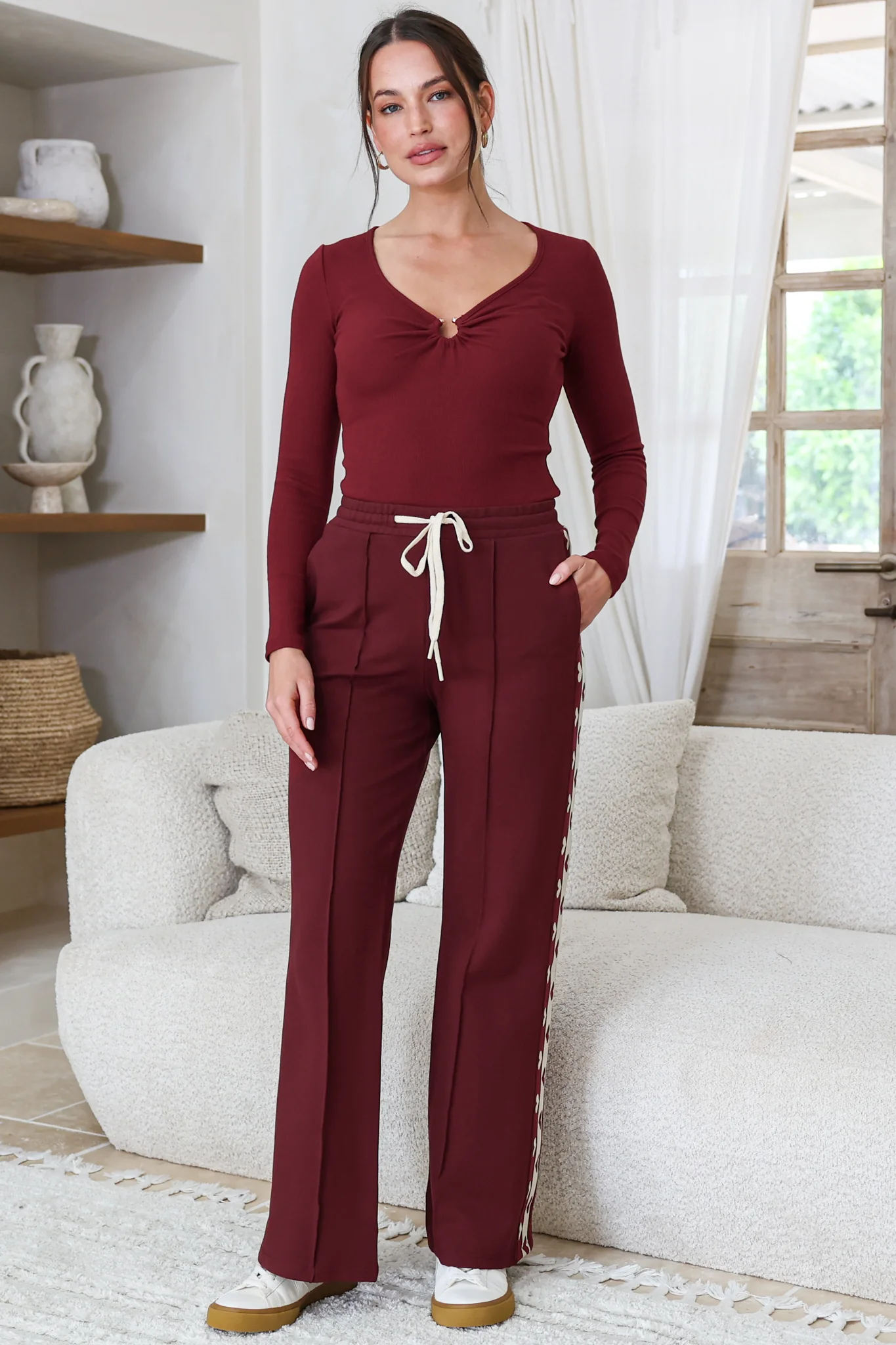 Victoria Pants - High Waisted Sports Heart Stripe Wide Leg Pants in Merlot - Image 2