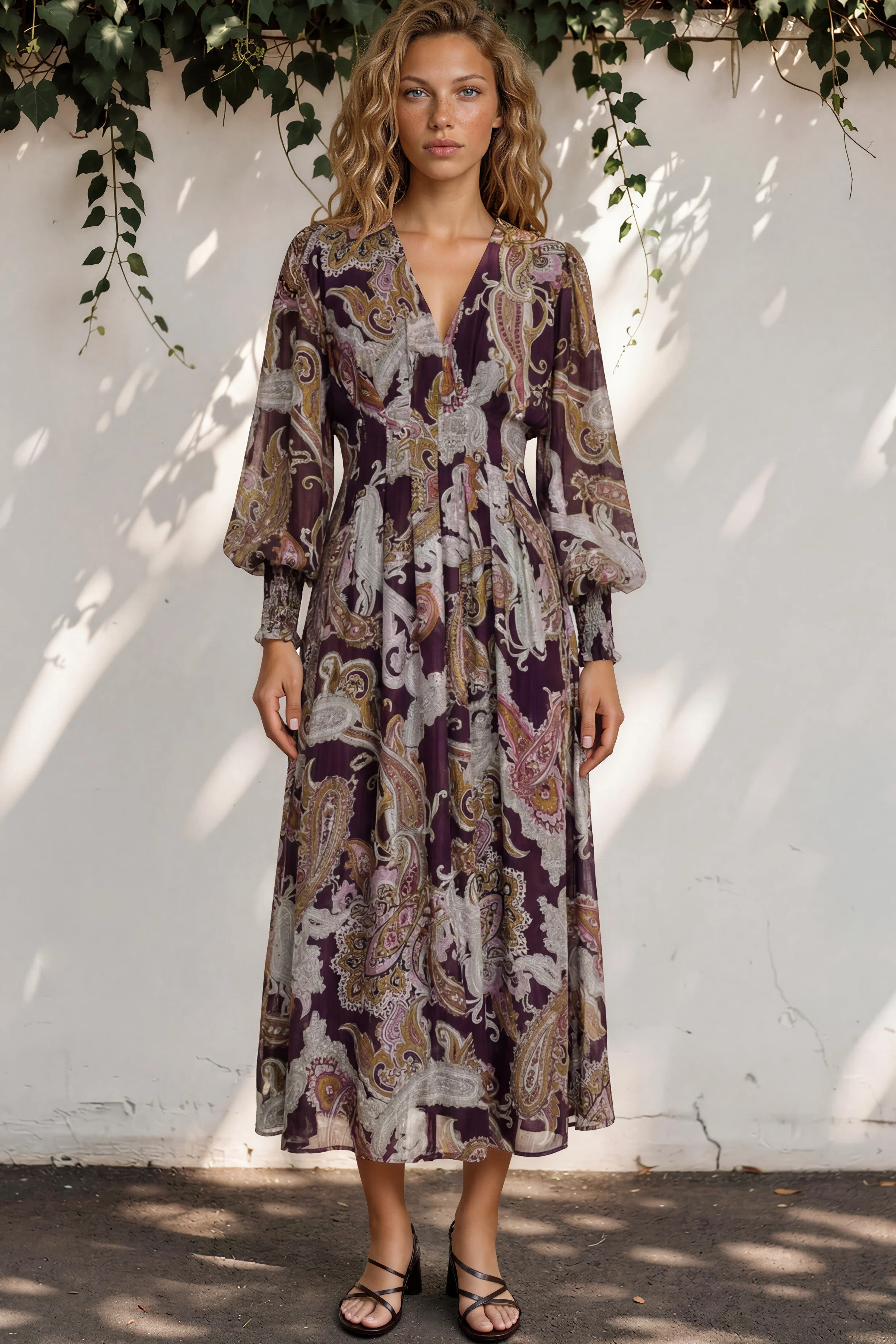 Vinia Maxi Dress - V Neckline Dress with Long Balloon Sleeves in Woodstock Print - Image 2