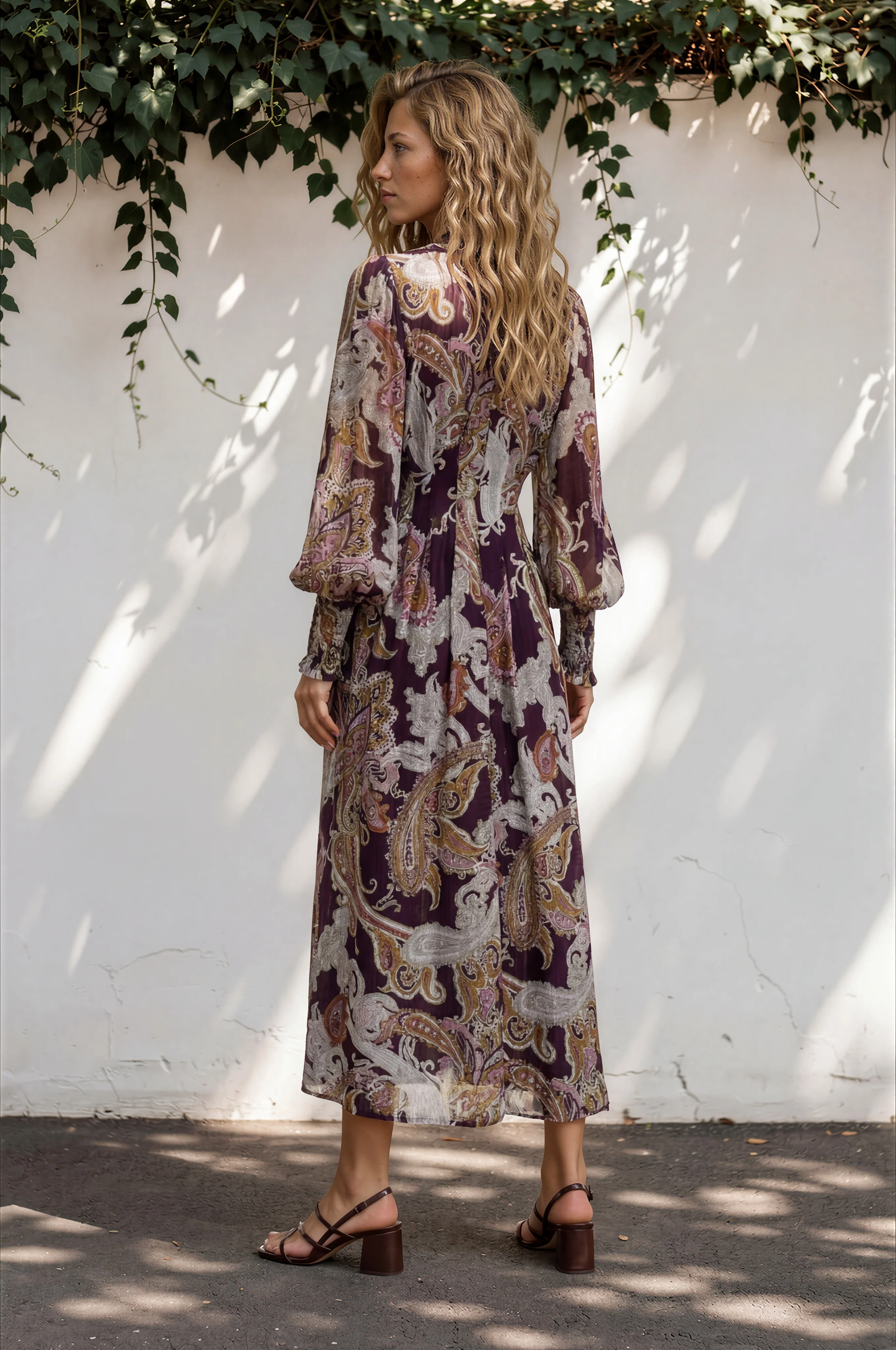 Vinia Maxi Dress - V Neckline Dress with Long Balloon Sleeves in Woodstock Print - Image 6