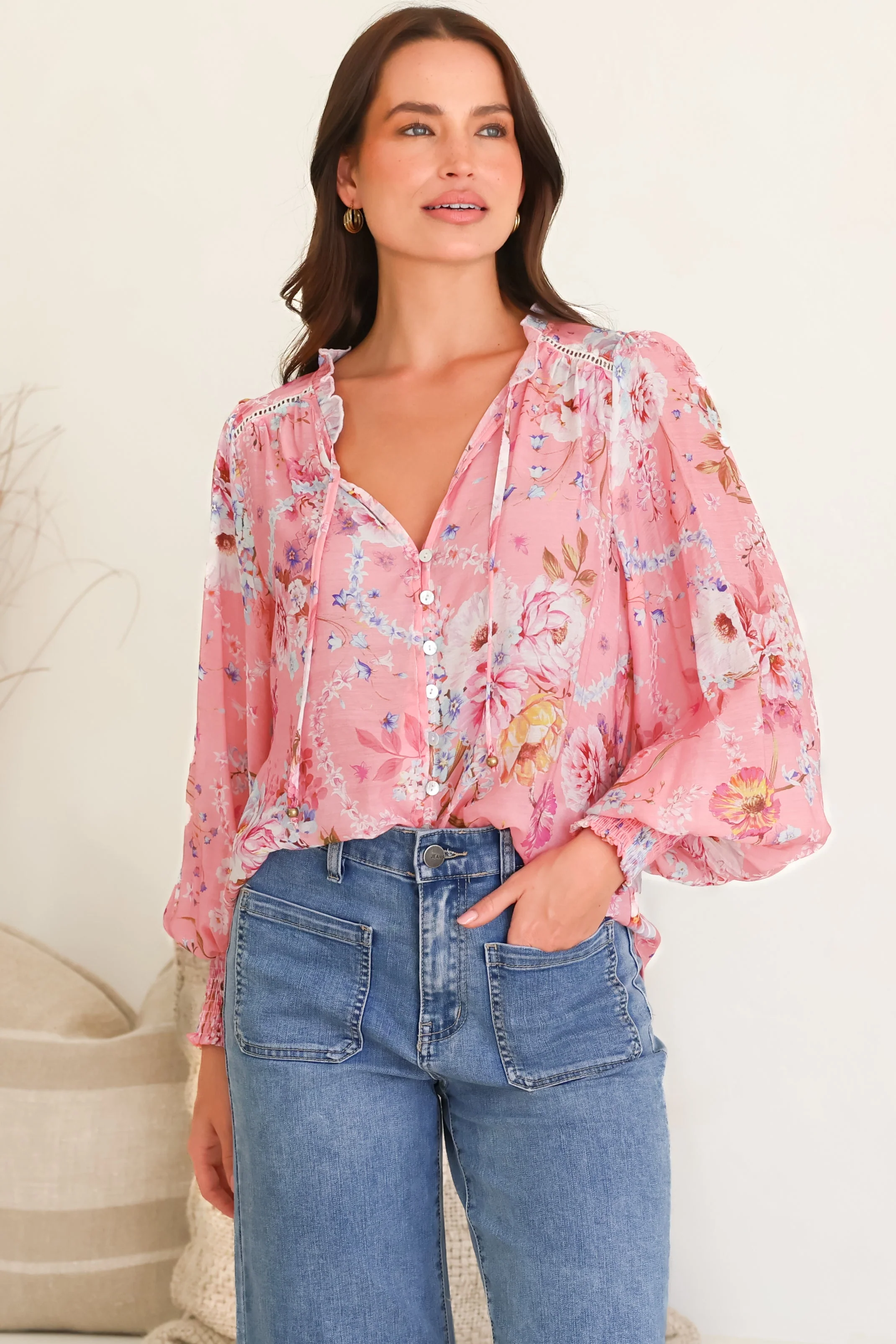 Violet Blouse - Frill Collar Button Down Balloon Sleeve Blouse In Ginnee Print - Image 4