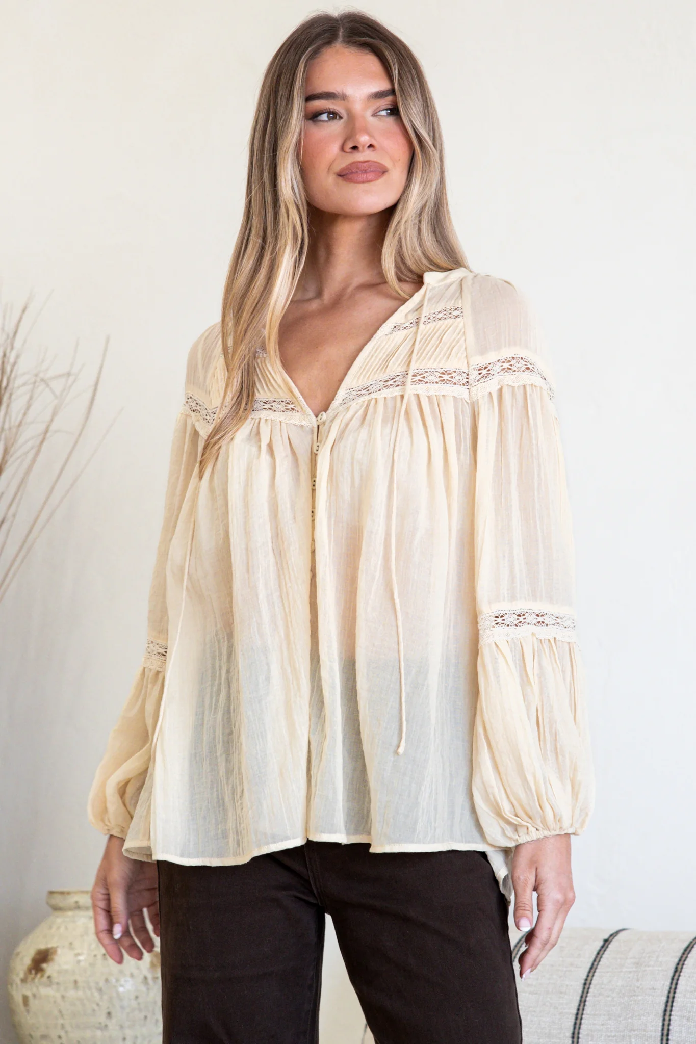 Vivianne Blouse - V Neck Lace Detailed Button Down with Balloon Sleeves in Cream - Image 7