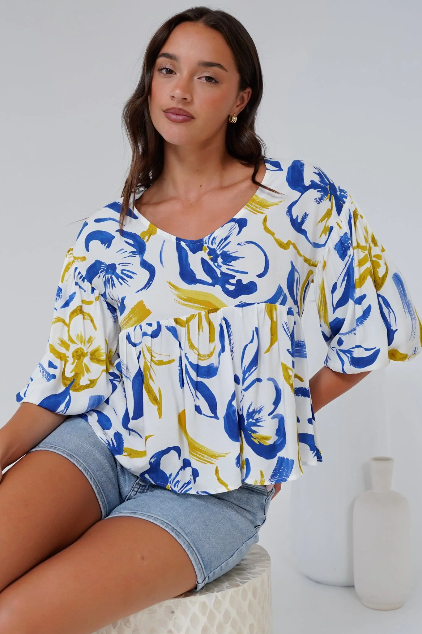 Wynter Top - Soft V Neck Peplum Top with Balloon Sleeves in Robin Print - Image 6