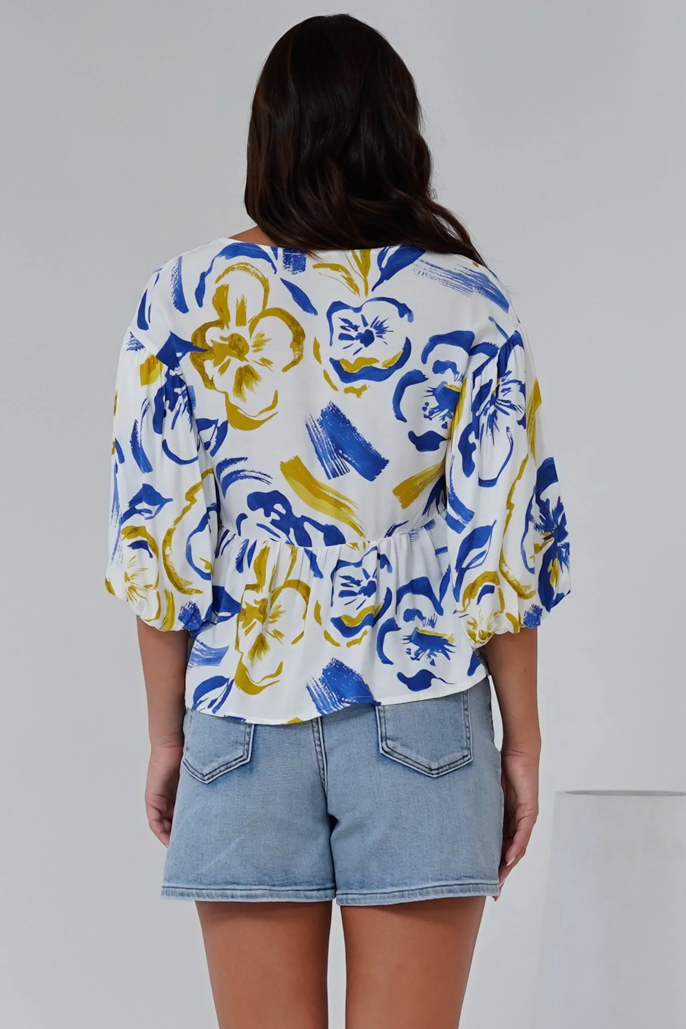 Wynter Top - Soft V Neck Peplum Top with Balloon Sleeves in Robin Print - Image 8